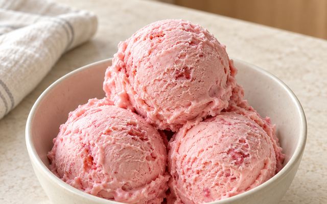 Three scoops of pink strawberry ice cream in a bowl.